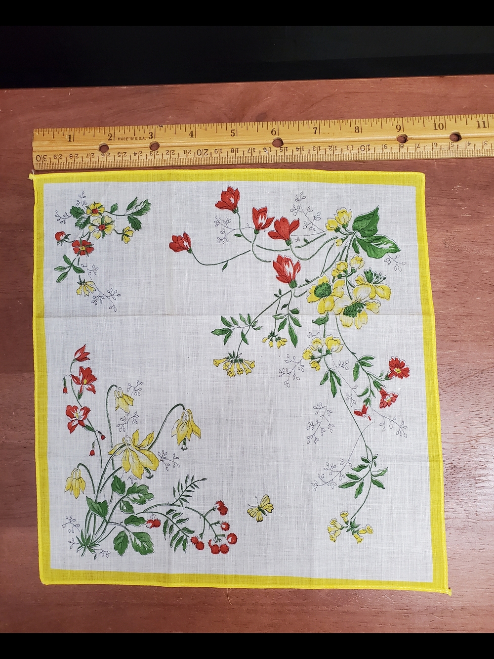 Vintage Floral Handkerchief with Yellow Border